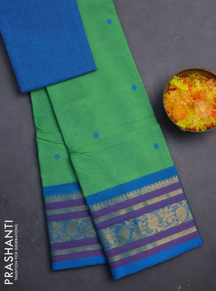 Chettinad cotton saree light green and cs blue with thread woven buttas and zari woven border