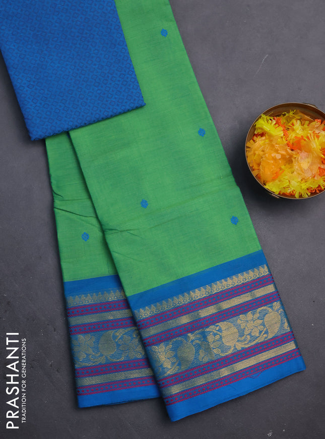 Chettinad cotton saree light green and cs blue with thread woven buttas and zari woven border