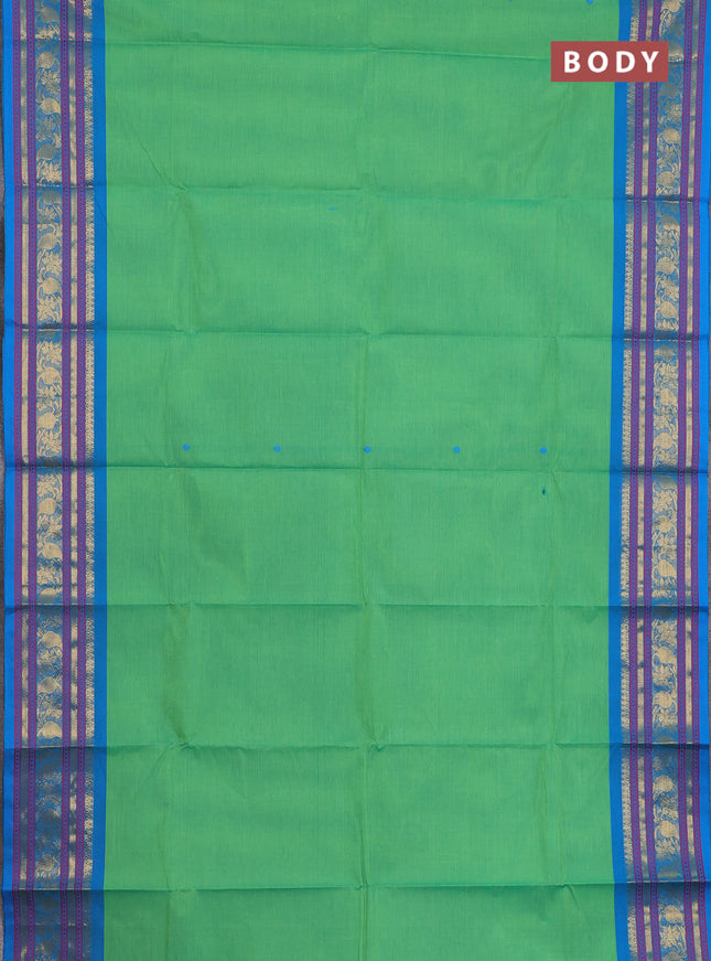 Chettinad cotton saree light green and cs blue with thread woven buttas and zari woven border