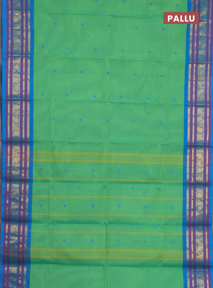 Chettinad cotton saree light green and cs blue with thread woven buttas and zari woven border