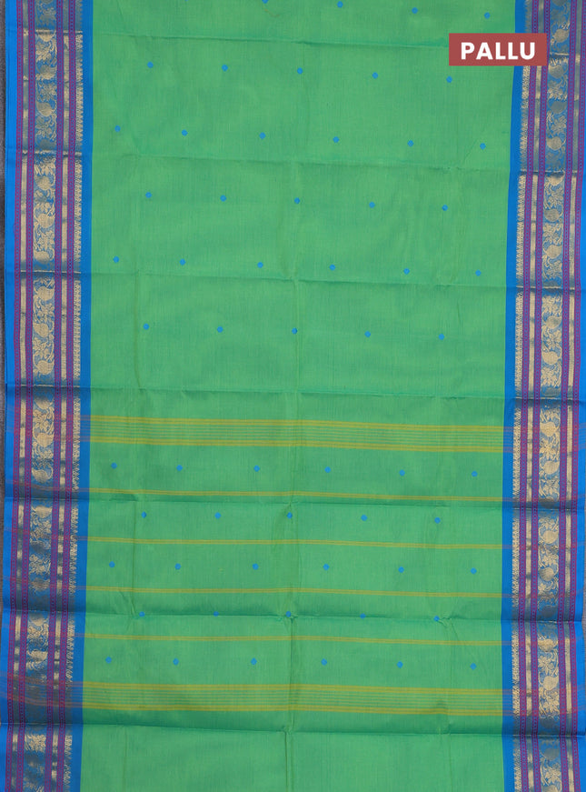 Chettinad cotton saree light green and cs blue with thread woven buttas and zari woven border