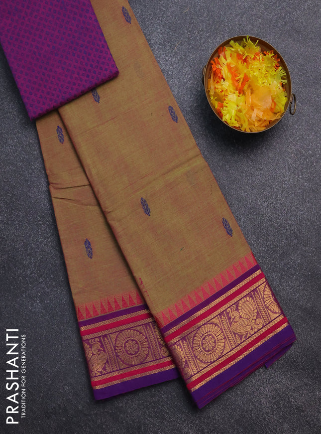 Chettinad cotton saree dual shade of green and blue with thread woven buttas and zari woven border