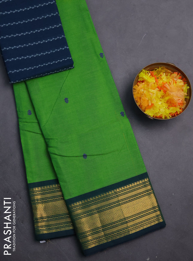 Chettinad cotton saree light green and peacock green with thread woven buttas and zari woven border