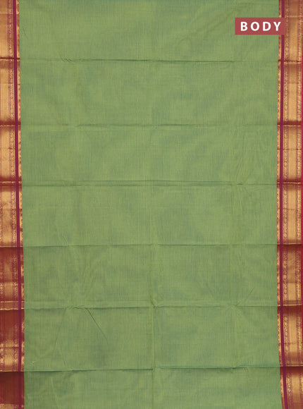 Chettinad cotton saree light green and red with plain body and zari woven border