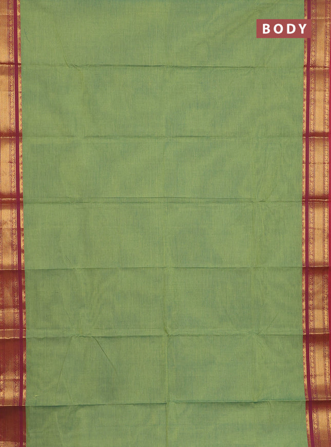 Chettinad cotton saree light green and red with plain body and zari woven border