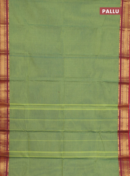 Chettinad cotton saree light green and red with plain body and zari woven border