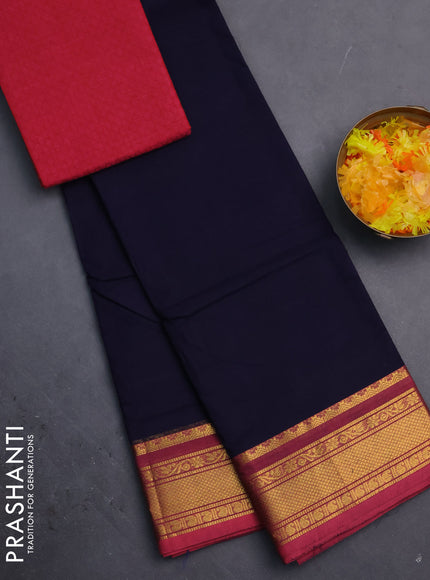 Chettinad cotton saree navy blue and pink with plain body and zari woven border
