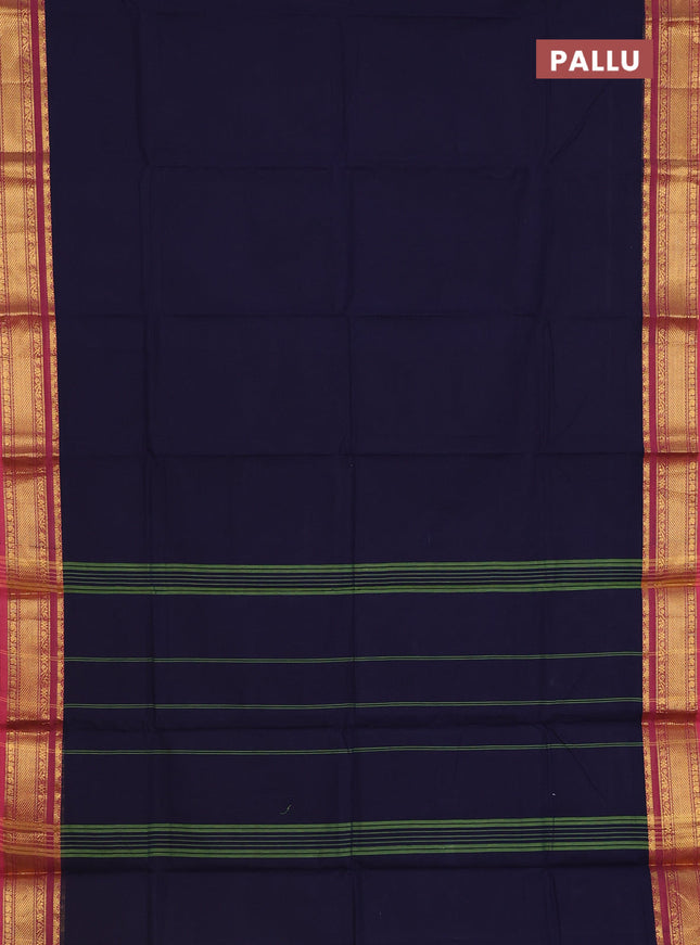 Chettinad cotton saree navy blue and pink with plain body and zari woven border