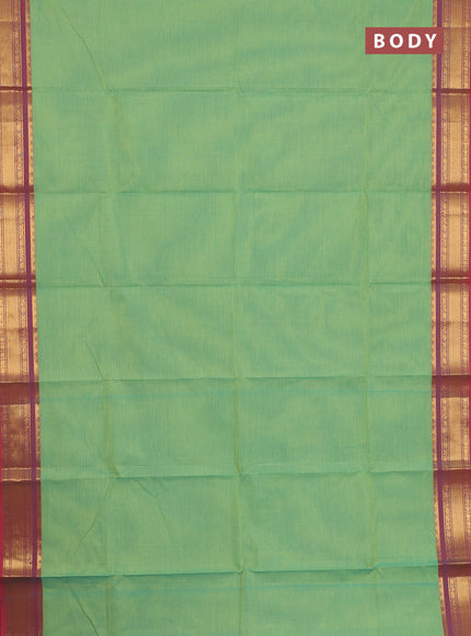 Chettinad cotton saree light green and red with plain body and zari woven border