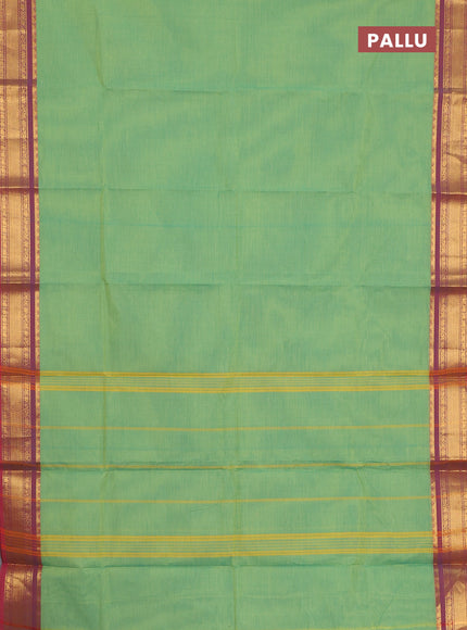 Chettinad cotton saree light green and red with plain body and zari woven border