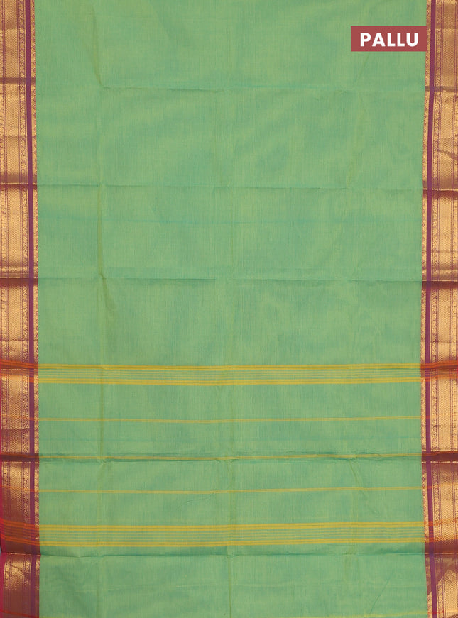 Chettinad cotton saree light green and red with plain body and zari woven border