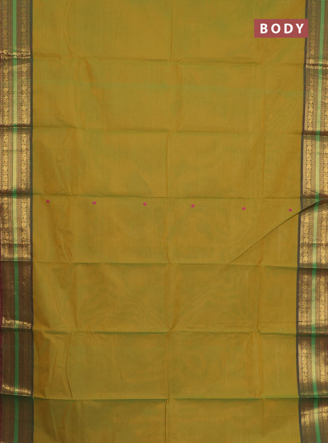 Chettinad cotton saree mustard green and dual shade of maroon with thread woven buttas and zari woven border