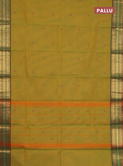 Chettinad cotton saree mustard green and dual shade of maroon with thread woven buttas and zari woven border