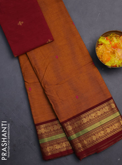Chettinad cotton saree dark mustard and maroon with thread woven buttas and zari woven border
