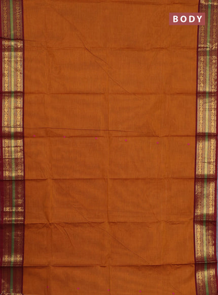 Chettinad cotton saree dark mustard and maroon with thread woven buttas and zari woven border