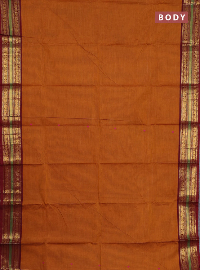 Chettinad cotton saree dark mustard and maroon with thread woven buttas and zari woven border
