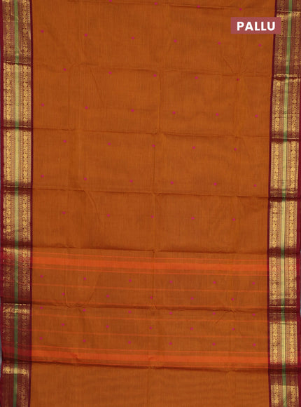 Chettinad cotton saree dark mustard and maroon with thread woven buttas and zari woven border