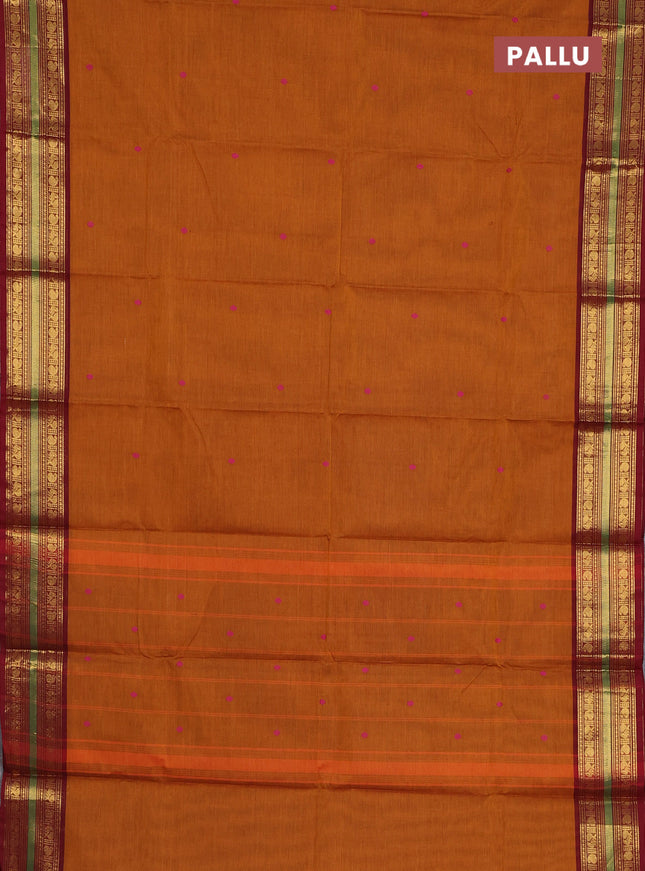 Chettinad cotton saree dark mustard and maroon with thread woven buttas and zari woven border