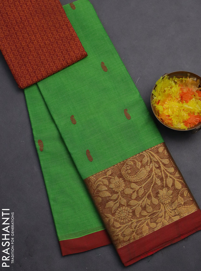 Chettinad cotton saree green and red with thread woven buttas and long zari woven border