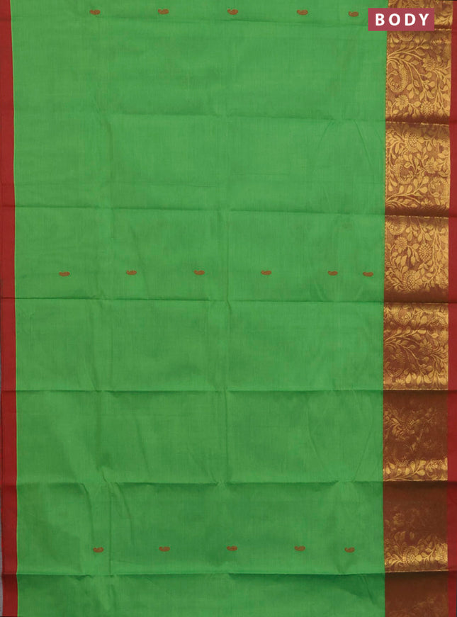 Chettinad cotton saree green and red with thread woven buttas and long zari woven border