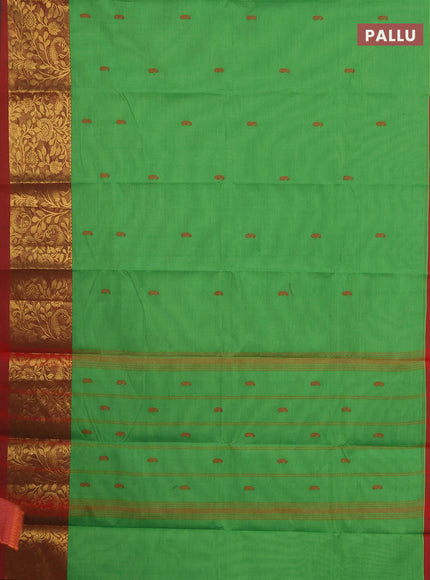 Chettinad cotton saree green and red with thread woven buttas and long zari woven border