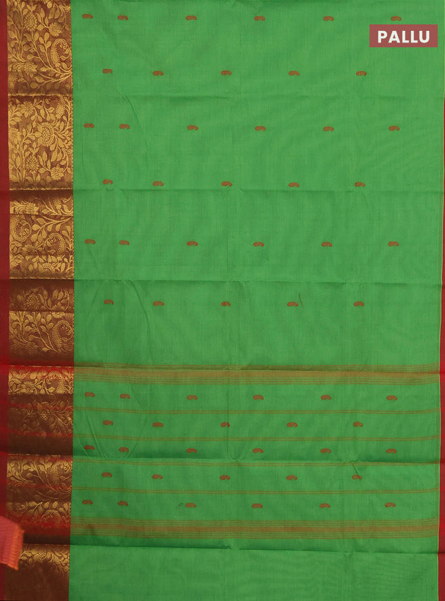 Chettinad cotton saree green and red with thread woven buttas and long zari woven border