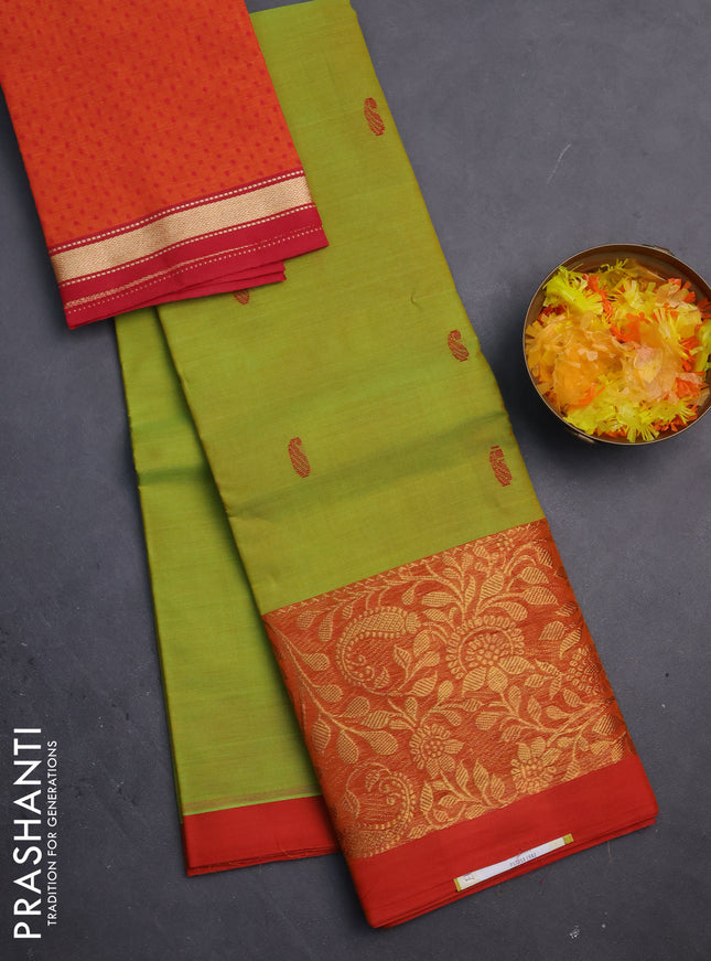 Chettinad cotton saree lime green and red with thread woven buttas and zari woven border