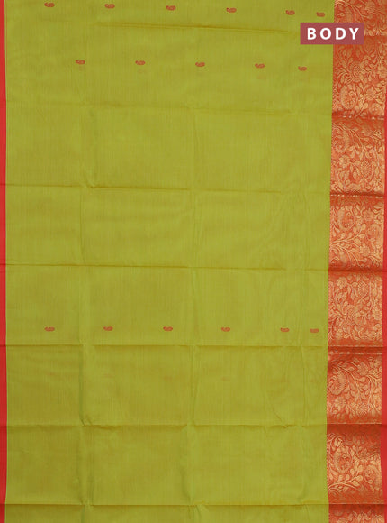 Chettinad cotton saree lime green and red with thread woven buttas and zari woven border