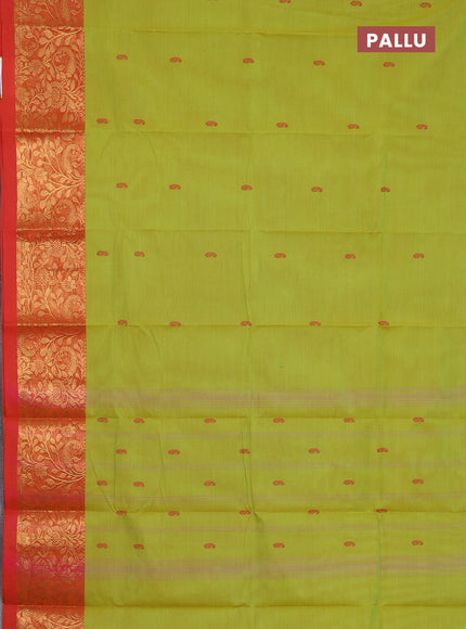 Chettinad cotton saree lime green and red with thread woven buttas and zari woven border