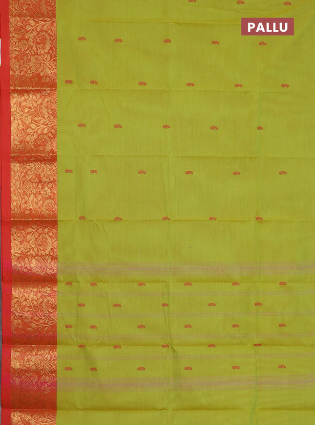 Chettinad cotton saree lime green and red with thread woven buttas and zari woven border