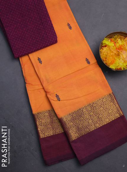 Chettinad cotton saree dual shade of yellowish pink and wine shade with thread woven buttas and long zari woven simple border