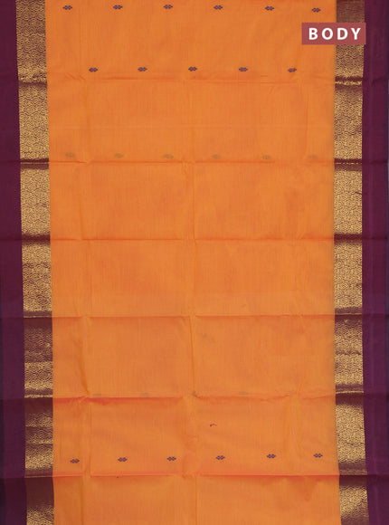 Chettinad cotton saree dual shade of yellowish pink and wine shade with thread woven buttas and long zari woven simple border