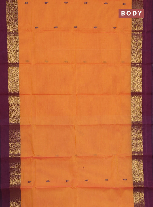 Chettinad cotton saree dual shade of yellowish pink and wine shade with thread woven buttas and long zari woven simple border