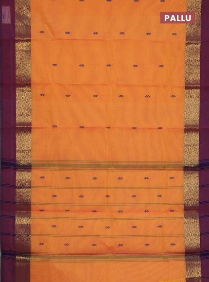 Chettinad cotton saree dual shade of yellowish pink and wine shade with thread woven buttas and long zari woven simple border