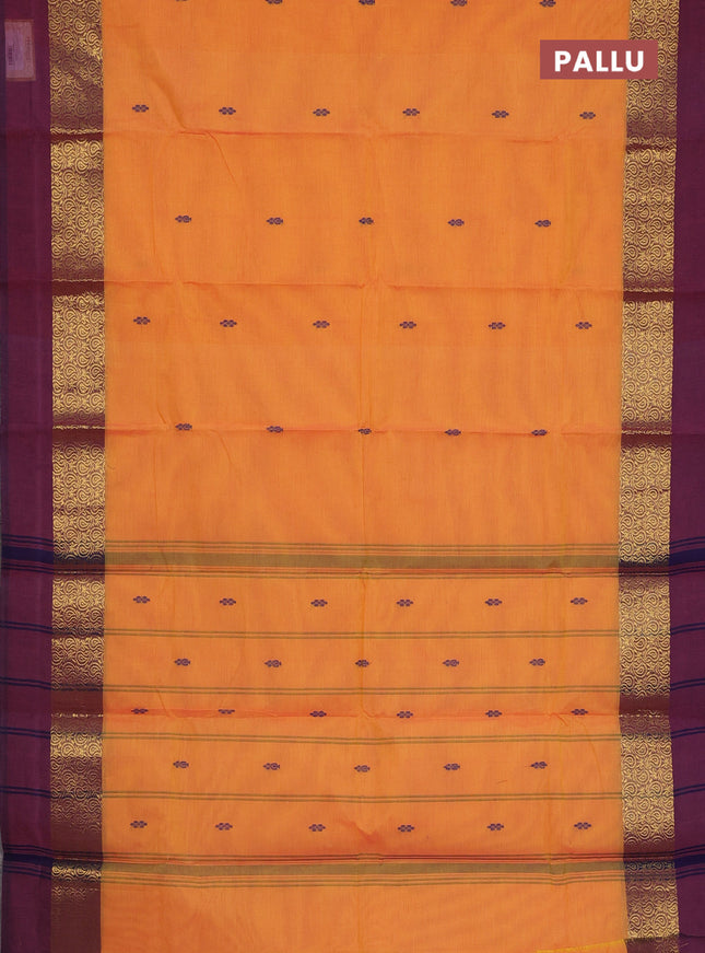 Chettinad cotton saree dual shade of yellowish pink and wine shade with thread woven buttas and long zari woven simple border