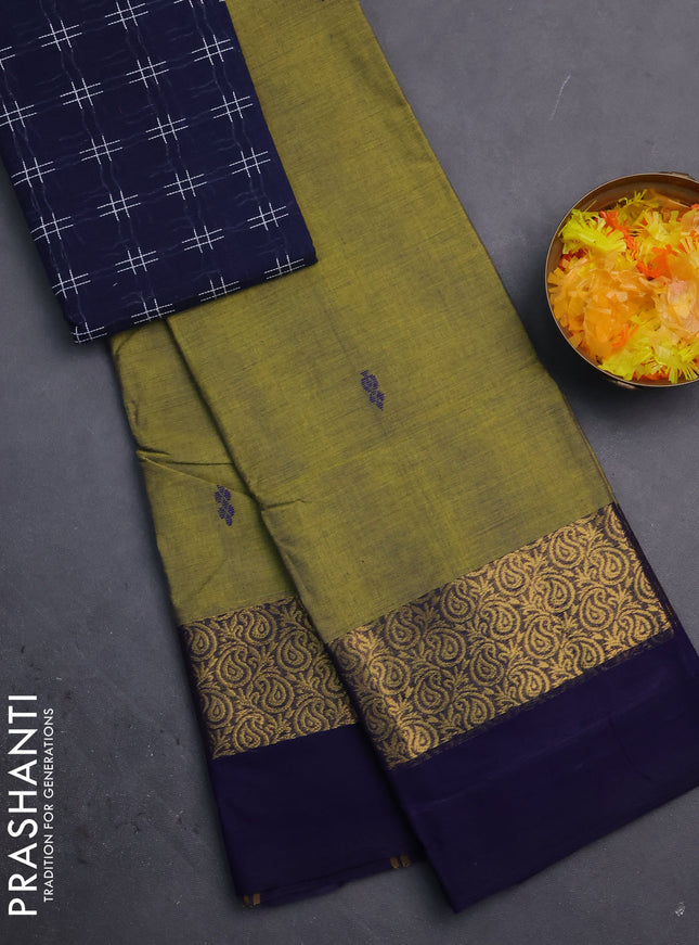 Chettinad cotton saree light green and dark blue with thread woven buttas and long zari woven simple border