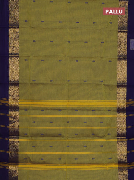 Chettinad cotton saree light green and dark blue with thread woven buttas and long zari woven simple border