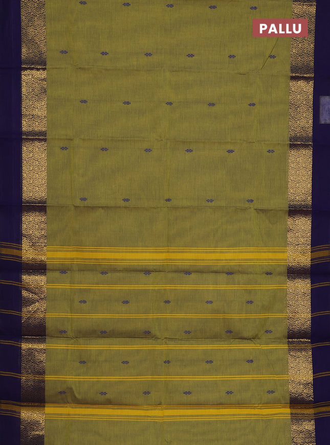 Chettinad cotton saree light green and dark blue with thread woven buttas and long zari woven simple border
