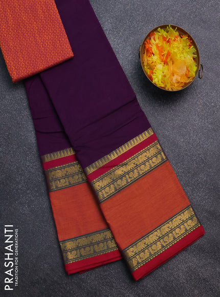 Chettinad cotton saree deep voilet and dual shade of mustard with thread woven buttas and rattapet zari woven border