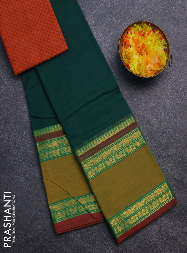 Chettinad cotton saree green and mustard with thread woven buttas and rattapet zari woven border