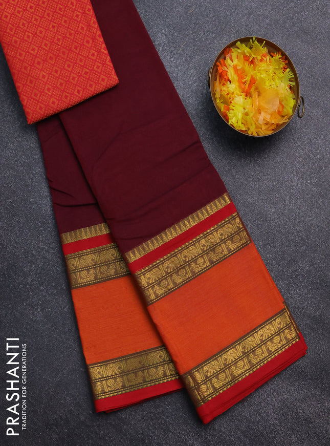 Chettinad cotton saree maroon and sunset orange with thread woven buttas and rattapet zari woven border
