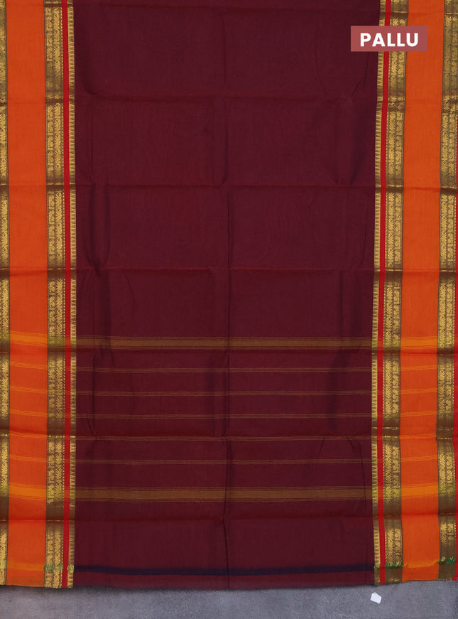 Chettinad cotton saree maroon and sunset orange with thread woven buttas and rattapet zari woven border