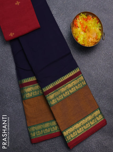 Chettinad cotton saree navy blue and mustard with thread woven buttas and rattapet zari woven border