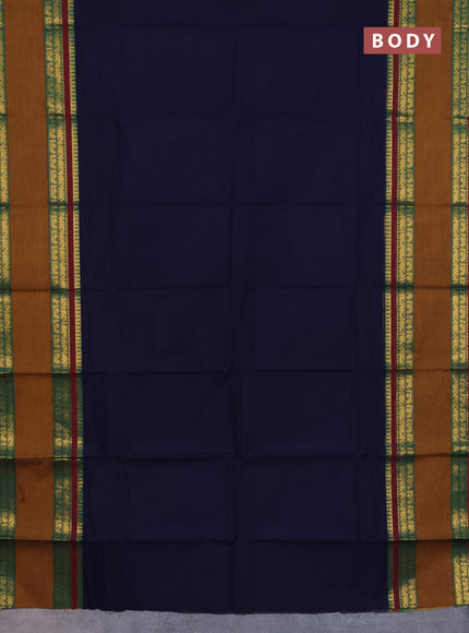 Chettinad cotton saree navy blue and mustard with thread woven buttas and rattapet zari woven border