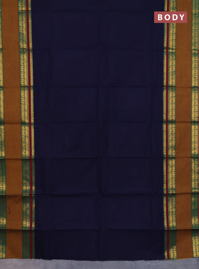 Chettinad cotton saree navy blue and mustard with thread woven buttas and rattapet zari woven border
