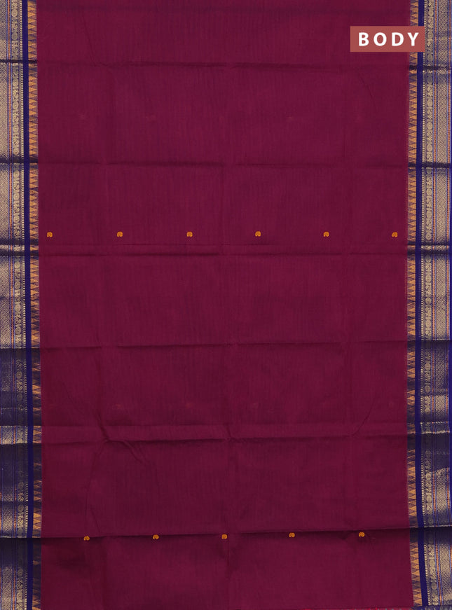 Chettinad cotton saree wine shade and dark voilet with thread woven buttas and temple disign zari woven border