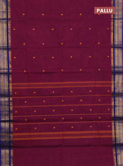 Chettinad cotton saree wine shade and dark voilet with thread woven buttas and temple disign zari woven border