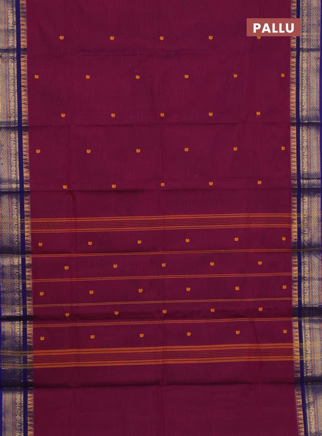Chettinad cotton saree wine shade and dark voilet with thread woven buttas and temple disign zari woven border