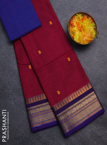 Chettinad cotton saree magenta pink and dark violet with thread woven buttas and temple disign zari woven border
