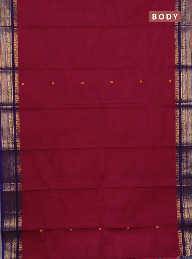 Chettinad cotton saree magenta pink and dark violet with thread woven buttas and temple disign zari woven border